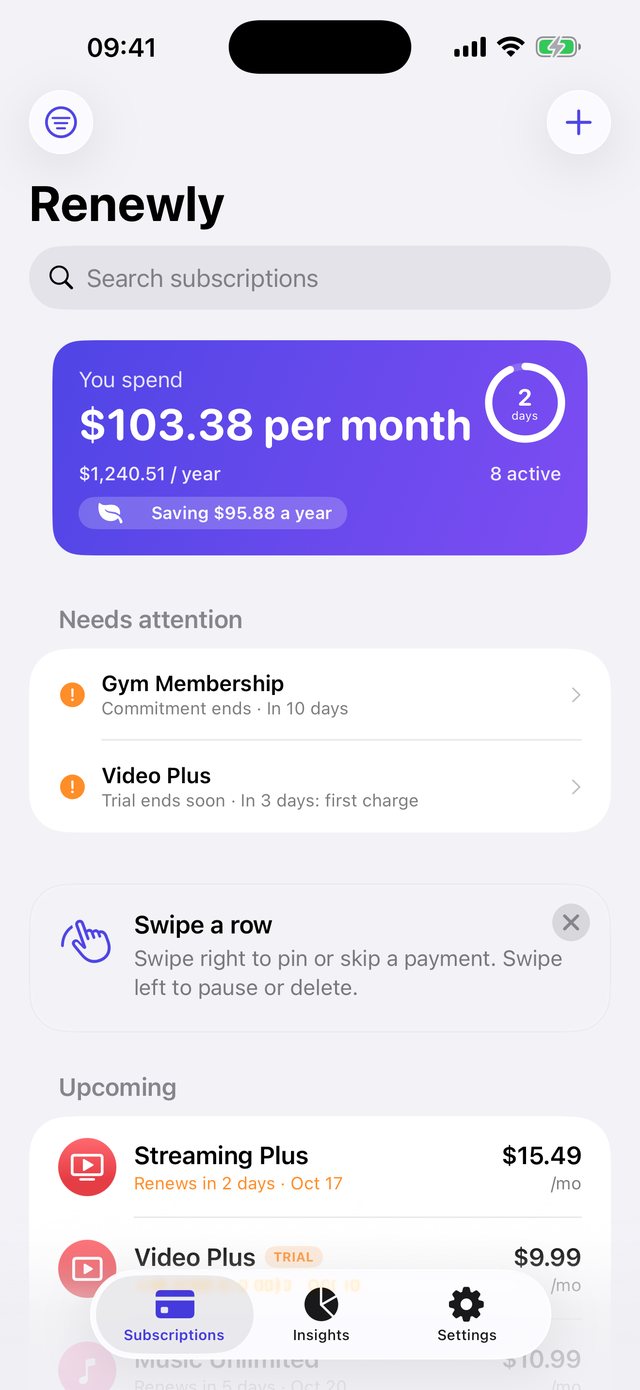 Renewly home screen with monthly total and upcoming renewals